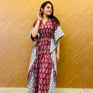 Maroon Floral Printed Kaftan Boho Dress / Fits Plus Size Beach Cover Up